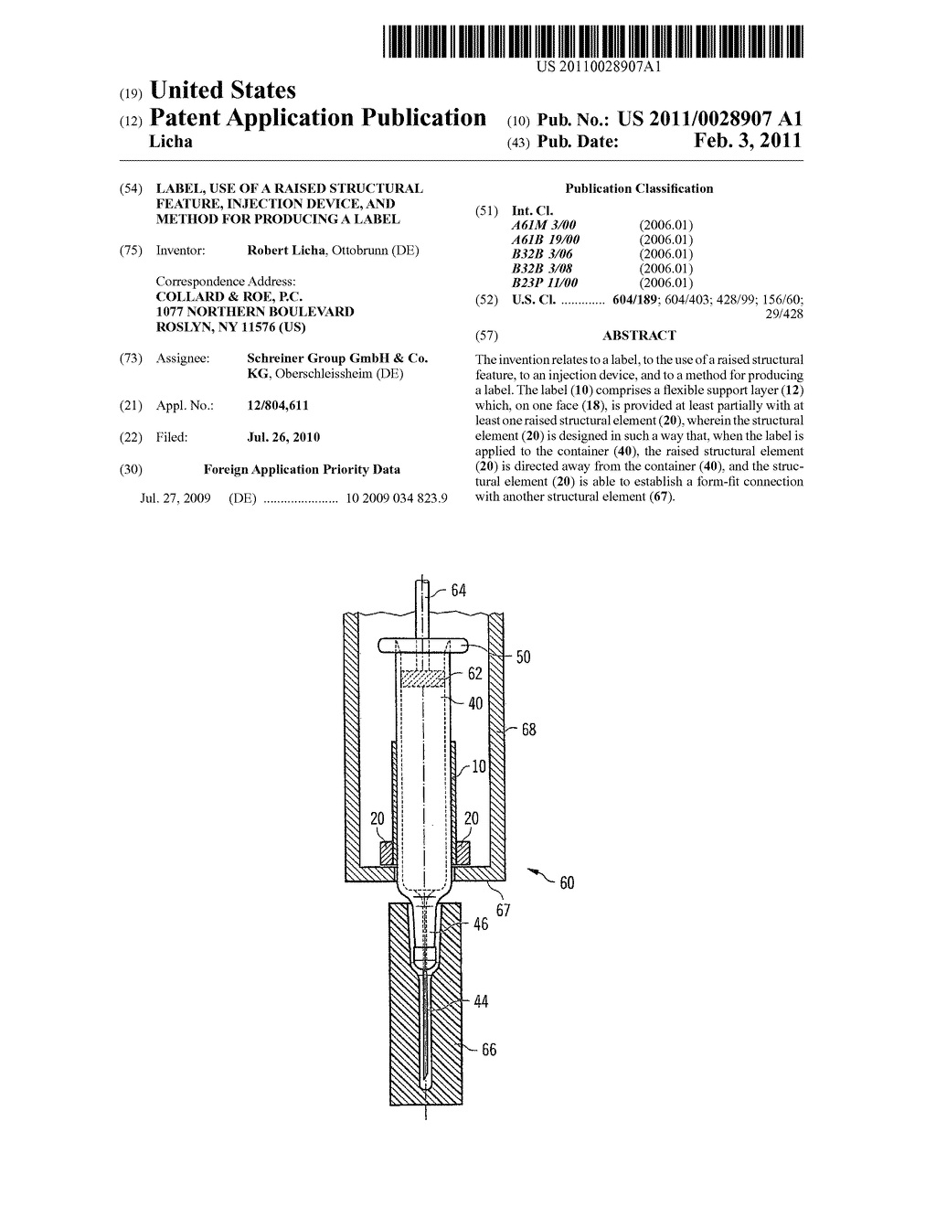 Label, use of a raised structural feature, injection device, and method for producing a label - diagram, schematic, and image 01