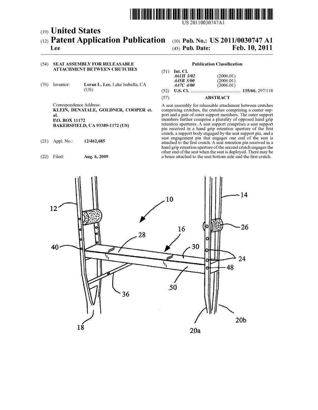 Seat assembly for releasable attachment between crutches - diagram, schematic, and image 01