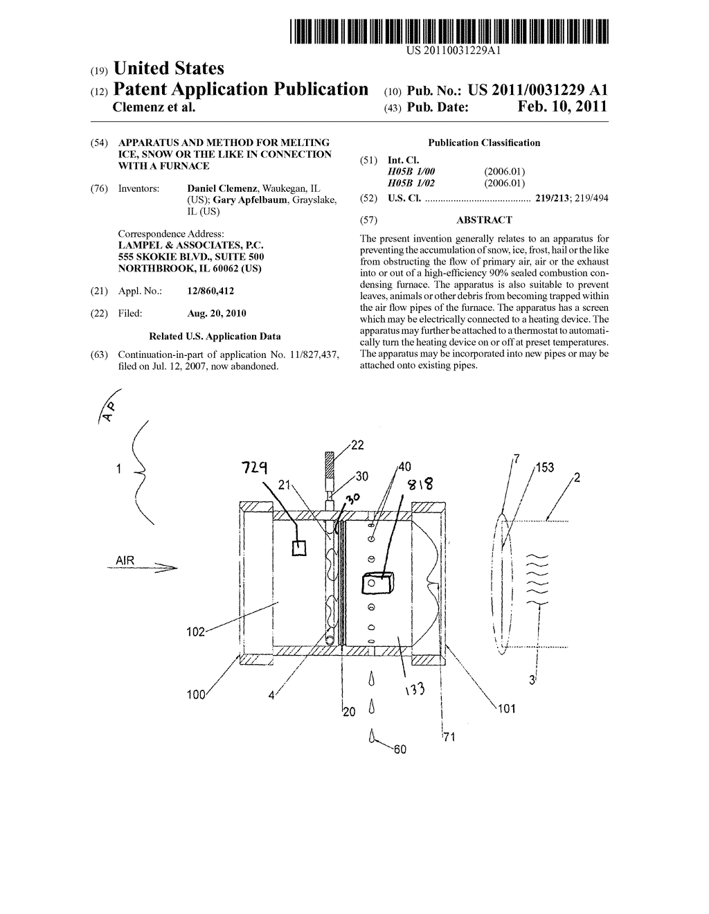 APPARATUS AND METHOD FOR MELTING ICE, SNOW OR THE LIKE IN CONNECTION WITH A FURNACE - diagram, schematic, and image 01