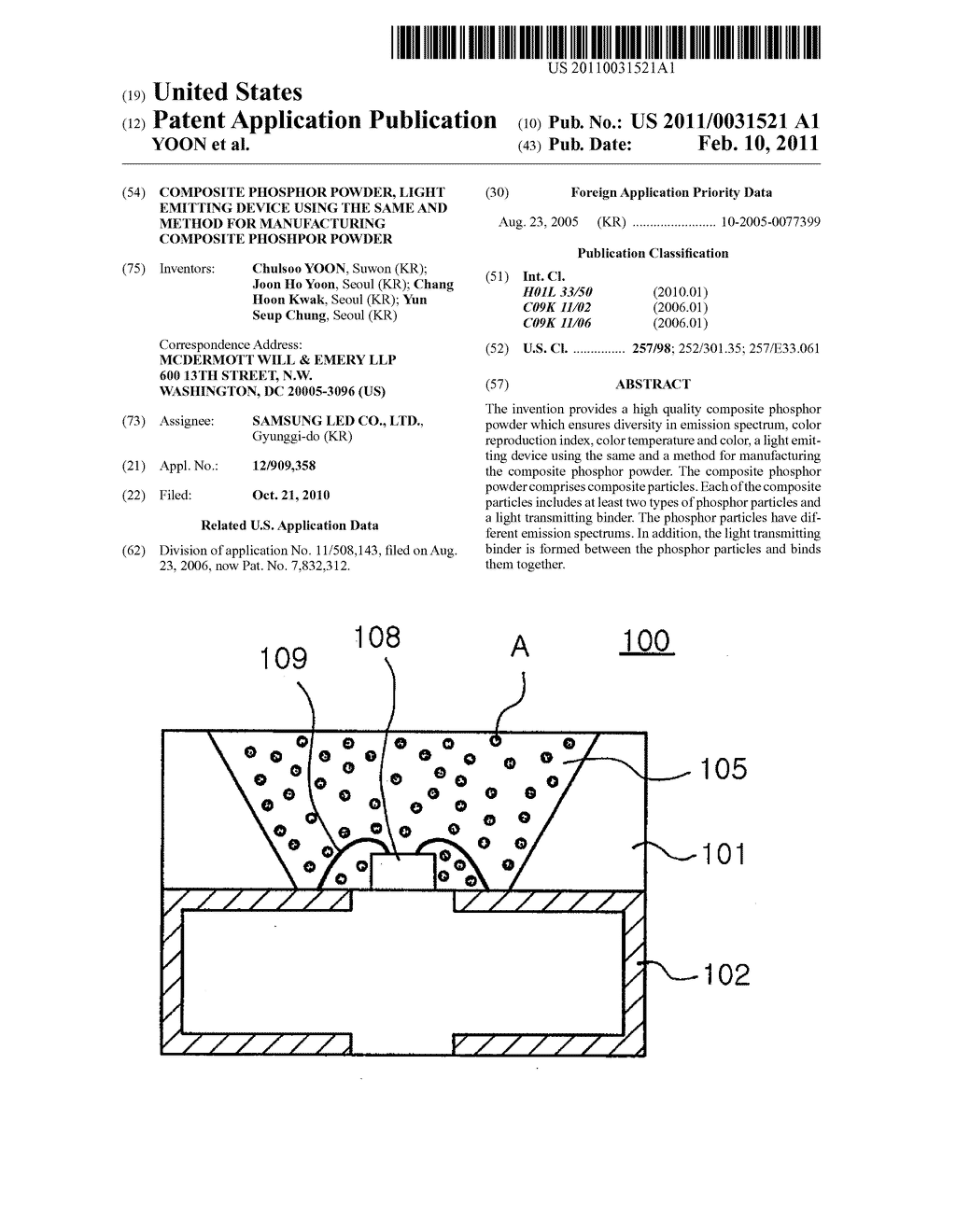 COMPOSITE PHOSPHOR POWDER, LIGHT EMITTING DEVICE USING THE SAME AND METHOD FOR MANUFACTURING COMPOSITE PHOSHPOR POWDER - diagram, schematic, and image 01