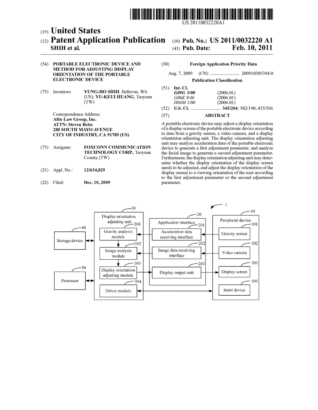 PORTABLE ELECTRONIC DEVICE AND METHOD FOR ADJUSTING DISPLAY ORIENTATION OF THE PORTABLE ELECTRONIC DEVICE - diagram, schematic, and image 01