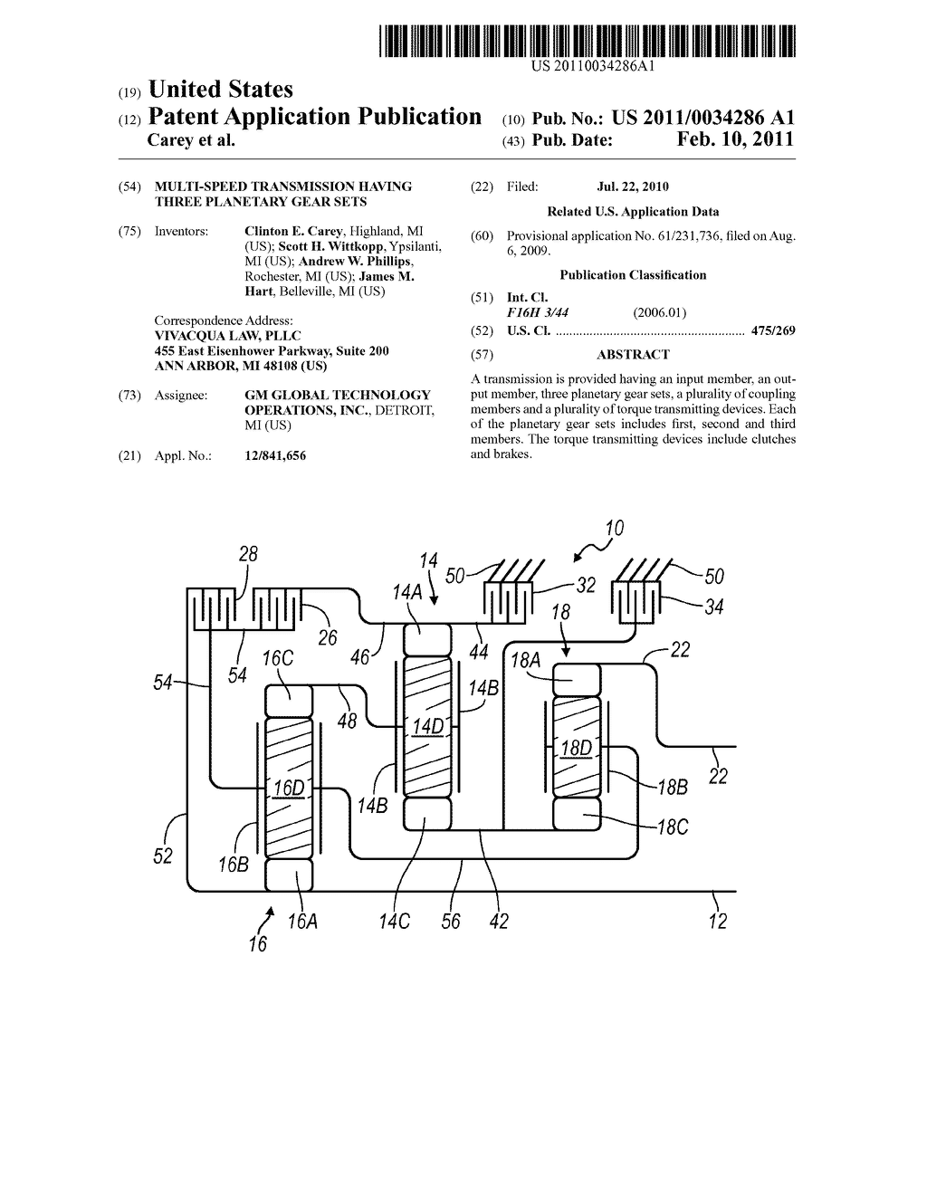 MULTI-SPEED TRANSMISSION HAVING THREE PLANETARY GEAR SETS - diagram, schematic, and image 01