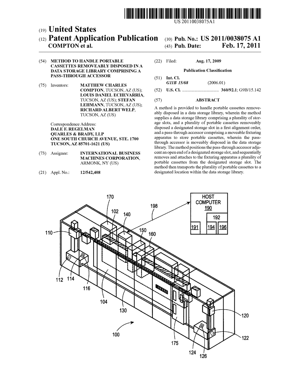 METHOD TO HANDLE PORTABLE CASSETTES REMOVEABLY DISPOSED IN A DATA STORAGE LIBRARY COMPRISING A PASS-THROUGH ACCESSOR - diagram, schematic, and image 01