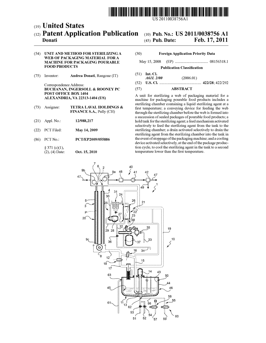 UNIT AND METHOD FOR STERILIZING A WEB OF PACKAGING MATERIAL FOR A MACHINE FOR PACKAGING POURABLE FOOD PRODUCTS - diagram, schematic, and image 01