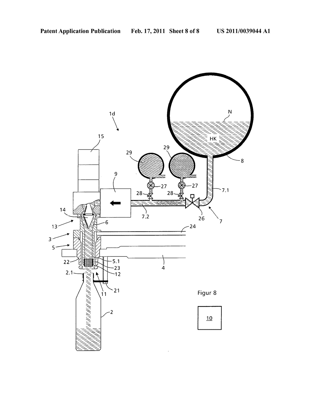 METHOD AND FILLING SYSTEM FOR FILLING BOTTLES OR SIMILAR CONTAINERS WITH A LIQUID FILLING MATERIAL AND FILLING MATERIAL DISPENSED INTO CONTAINERS - diagram, schematic, and image 09