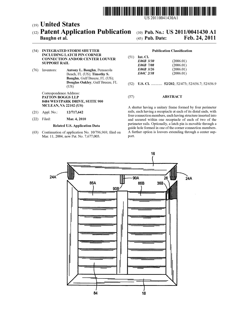 INTEGRATED STORM SHUTTER INCLUDING LATCH PIN CORNER CONNECTION AND/OR CENTER LOUVER SUPPORT RAIL - diagram, schematic, and image 01