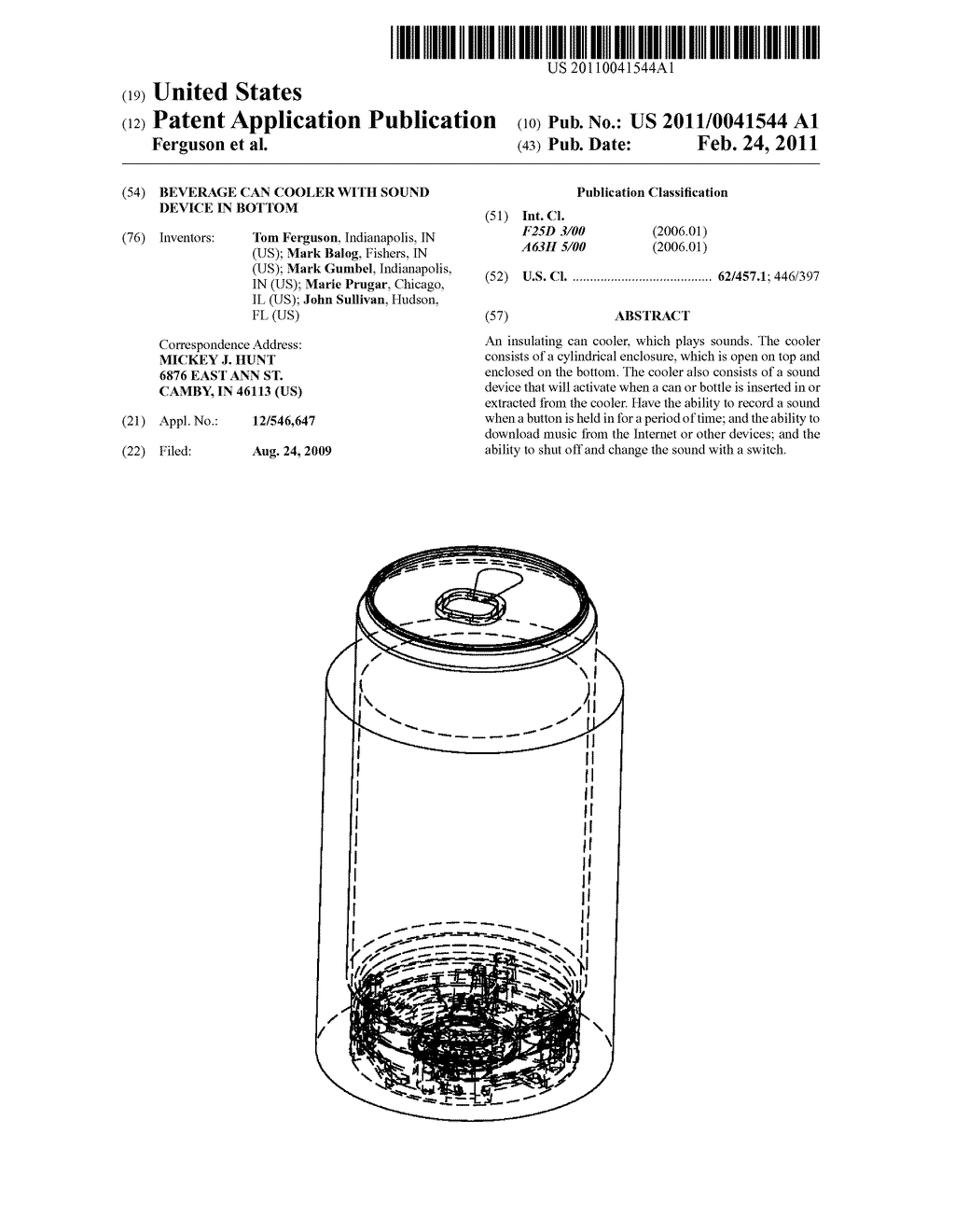 BEVERAGE CAN COOLER WITH SOUND DEVICE IN BOTTOM - diagram, schematic, and image 01
