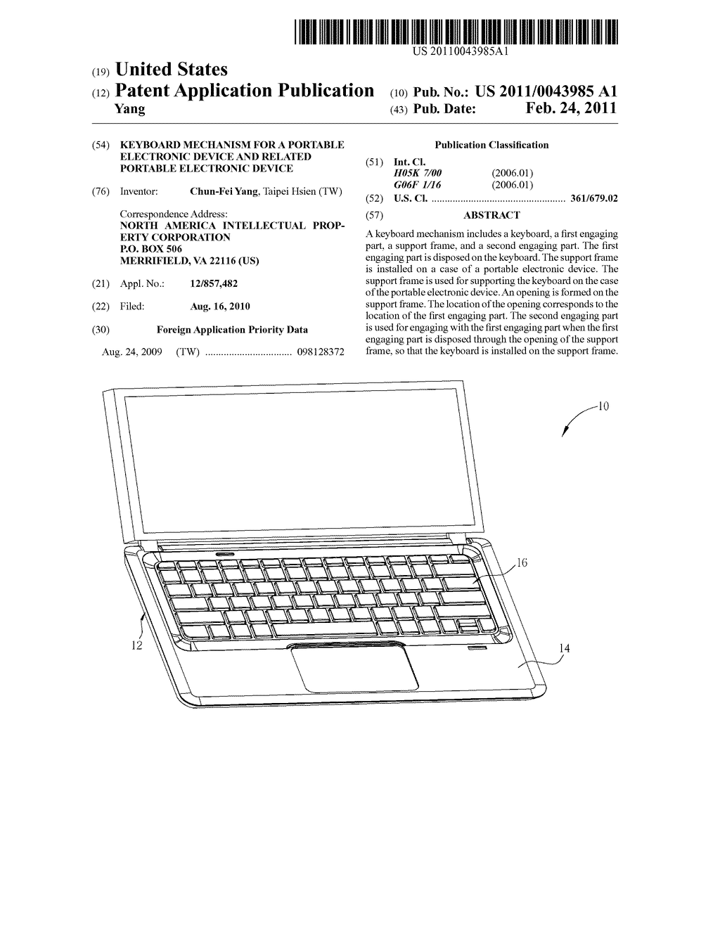 KEYBOARD MECHANISM FOR A PORTABLE ELECTRONIC DEVICE AND RELATED PORTABLE ELECTRONIC DEVICE - diagram, schematic, and image 01