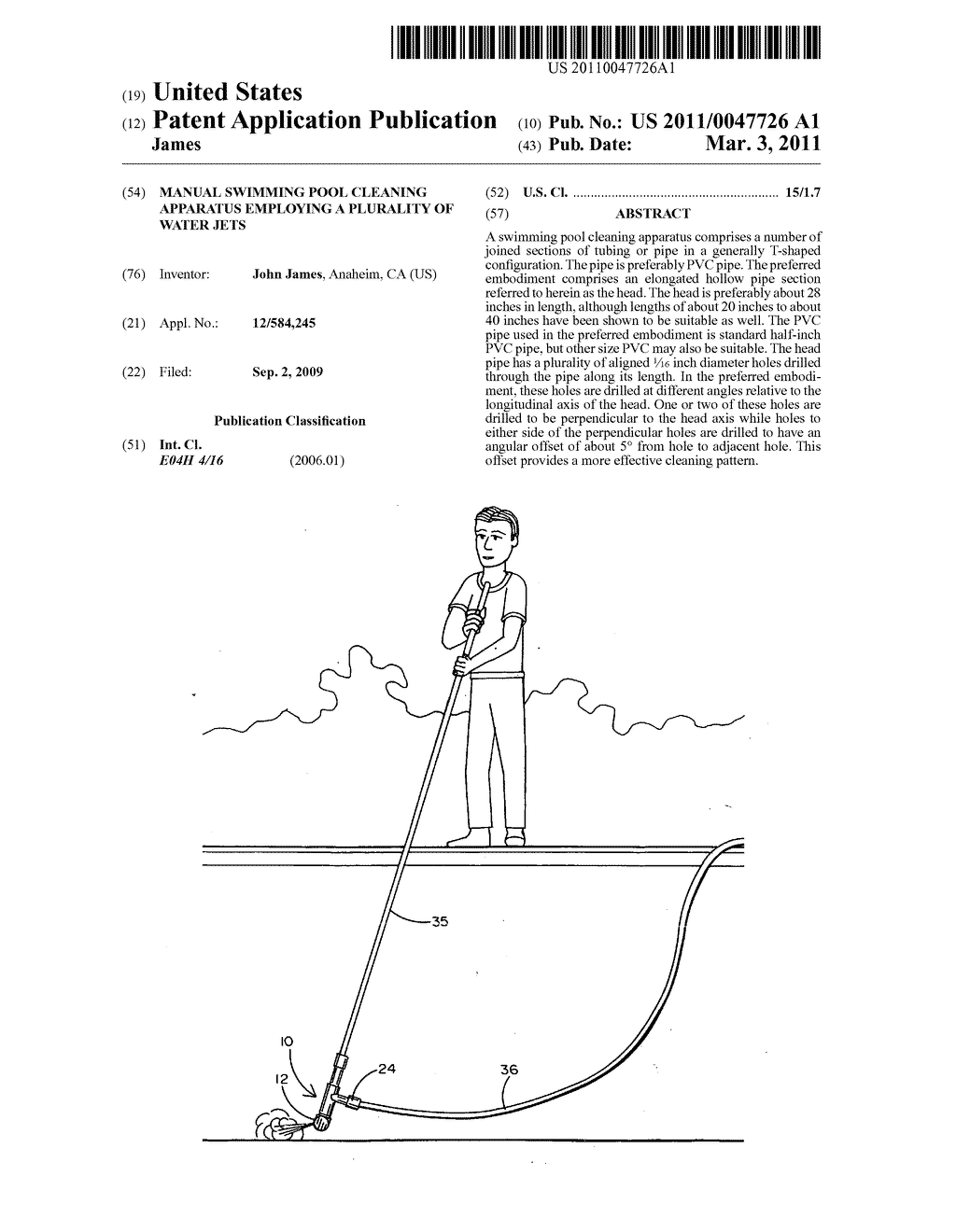 Manual swimming pool cleaning apparatus employing a plurality of water jets - diagram, schematic, and image 01