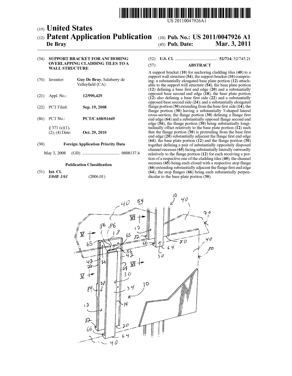 SUPPORT BRACKET FOR ANCHORING OVERLAPPING CLADDING TILES TO A WALL STRUCTURE - diagram, schematic, and image 01