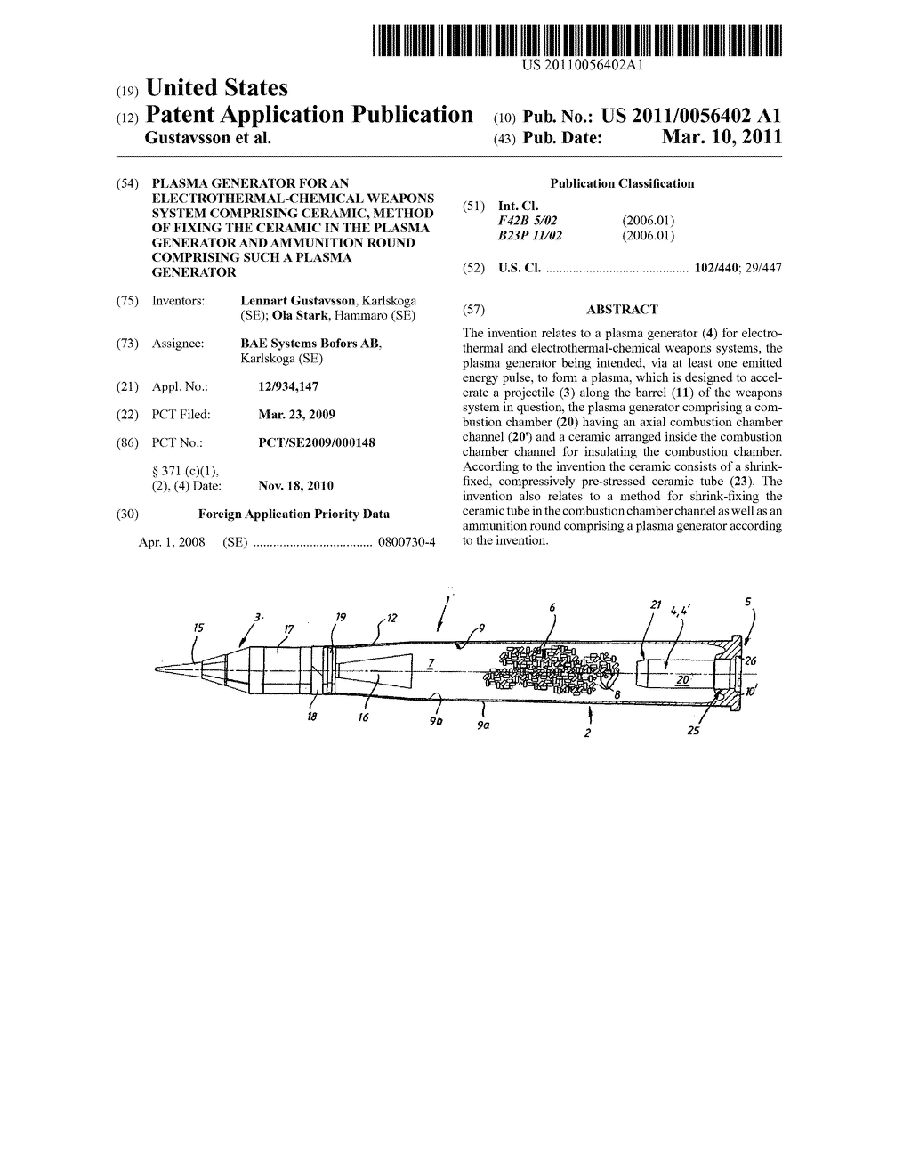 PLASMA GENERATOR FOR AN ELECTROTHERMAL-CHEMICAL WEAPONS SYSTEM COMPRISING CERAMIC, METHOD OF FIXING THE CERAMIC IN THE PLASMA GENERATOR AND AMMUNITION ROUND COMPRISING SUCH A PLASMA GENERATOR - diagram, schematic, and image 01