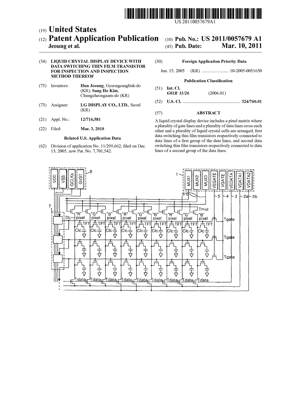 LIQUID CRYSTAL DISPLAY DEVICE WITH DATA SWITCHING THIN FILM TRANSISTOR FOR INSPECTION AND INSPECTION METHOD THEREOF - diagram, schematic, and image 01