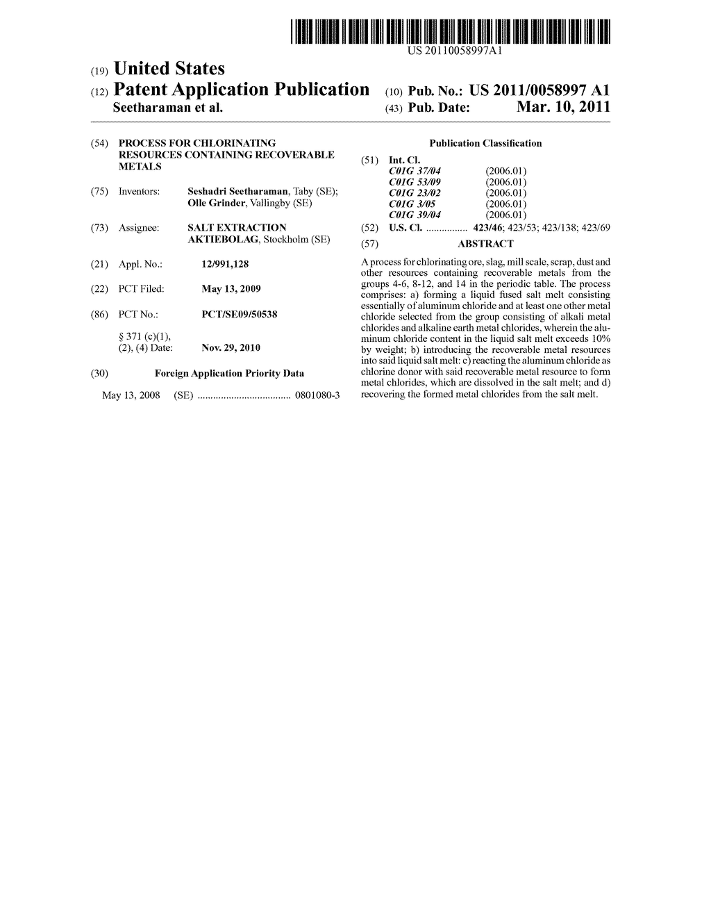  PROCESS FOR CHLORINATING RESOURCES CONTAINING RECOVERABLE METALS - diagram, schematic, and image 01