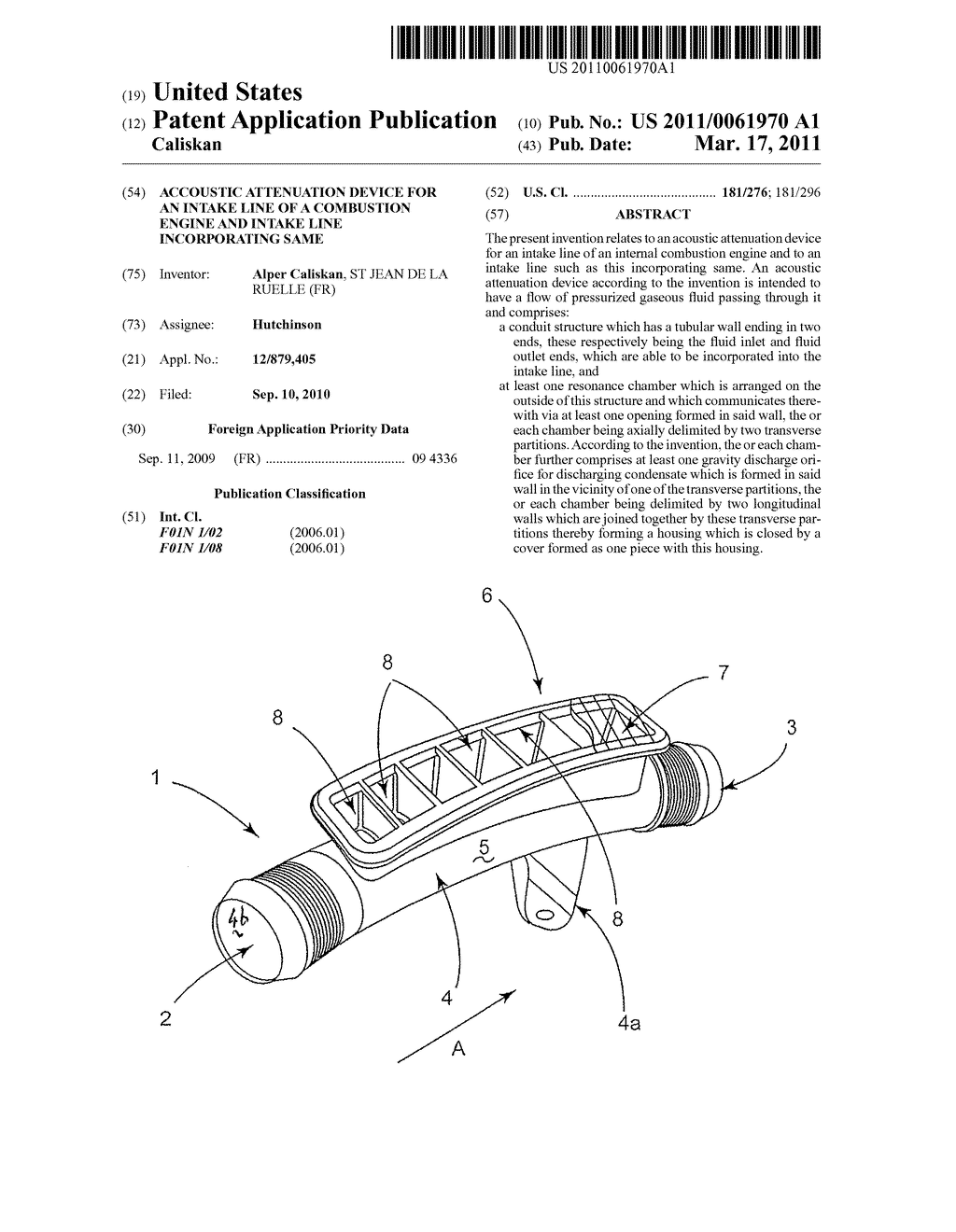 ACCOUSTIC ATTENUATION DEVICE FOR AN INTAKE LINE OF A COMBUSTION ENGINE AND INTAKE LINE INCORPORATING SAME - diagram, schematic, and image 01