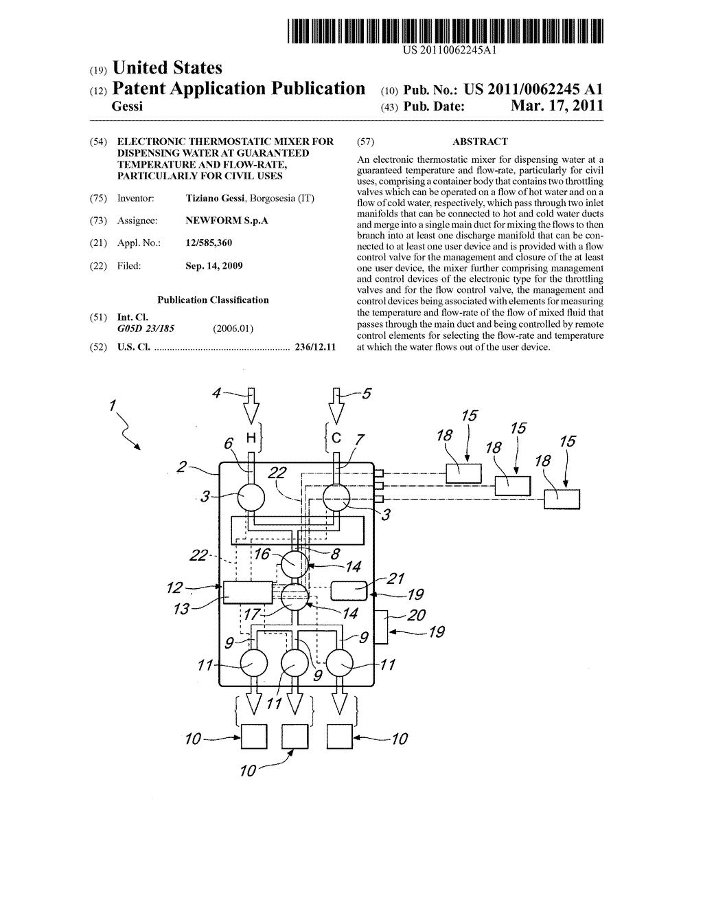 Electronic thermostatic mixer for dispensing water at guaranteed temperature and flow-rate, particularly for civil uses - diagram, schematic, and image 01