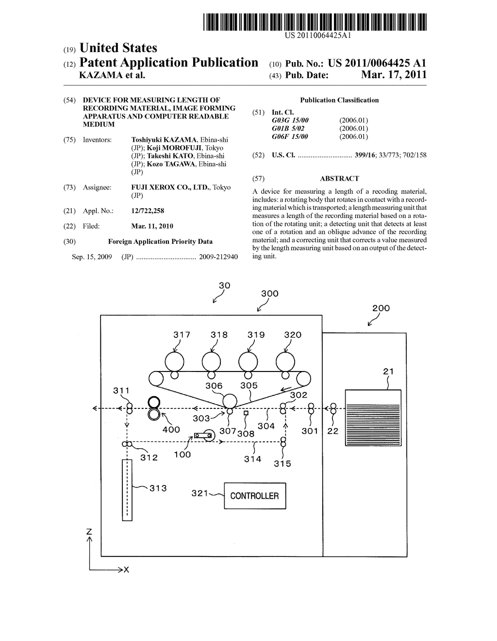DEVICE FOR MEASURING LENGTH OF RECORDING MATERIAL, IMAGE FORMING APPARATUS AND COMPUTER READABLE MEDIUM - diagram, schematic, and image 01