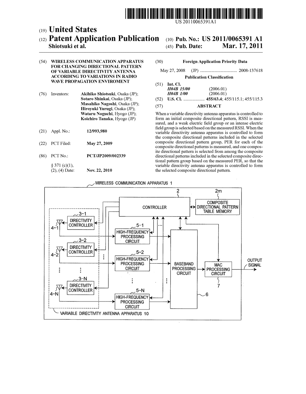 WIRELESS COMMUNICATION APPARATUS FOR CHANGING DIRECTIONAL PATTERN OF VARIABLE DIRECTIVITY ANTENNA ACCORDING TO VARIATIONS IN RADIO WAVE PROPAGATION ENVIROMENT - diagram, schematic, and image 01