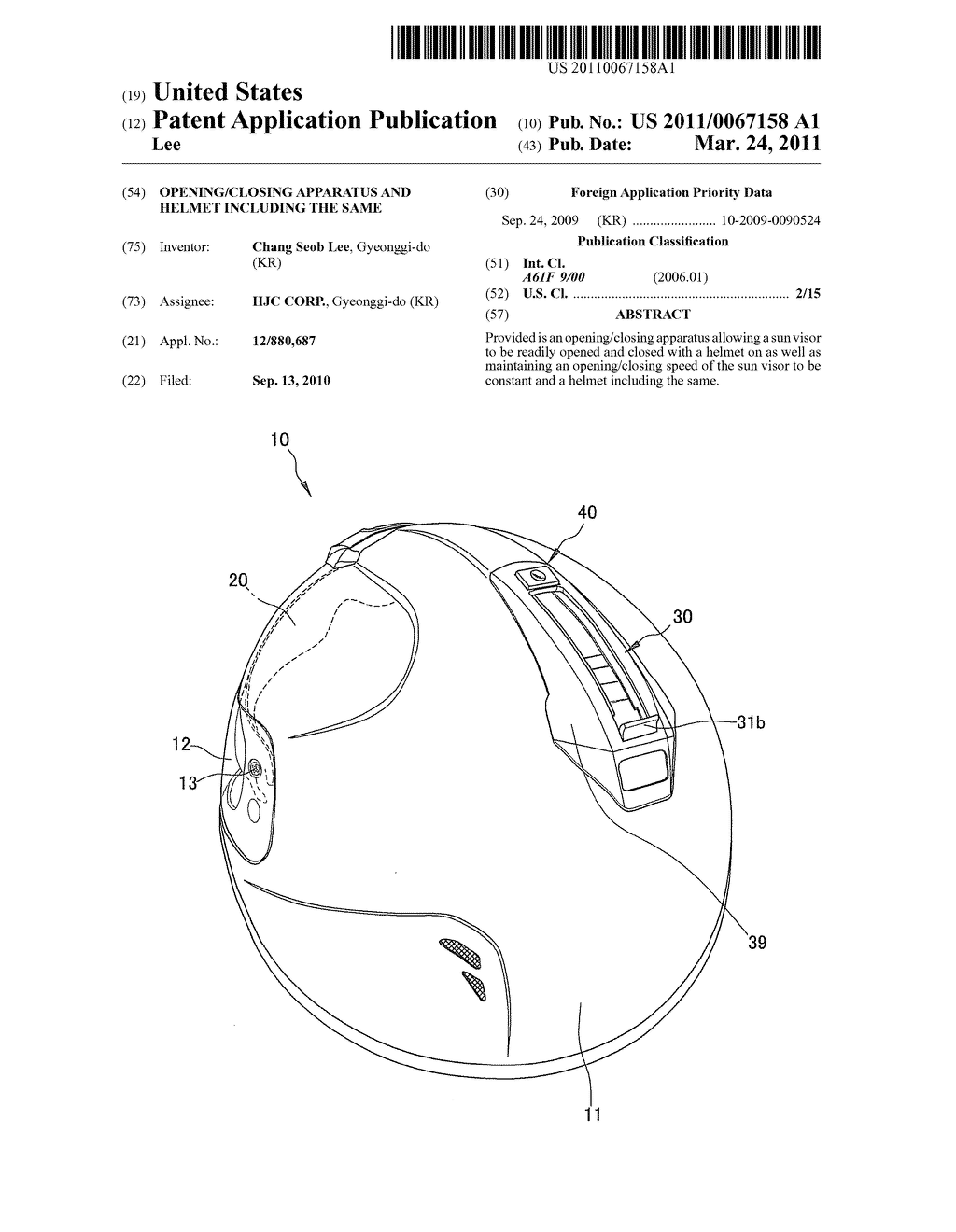 OPENING/CLOSING APPARATUS AND HELMET INCLUDING THE SAME - diagram, schematic, and image 01