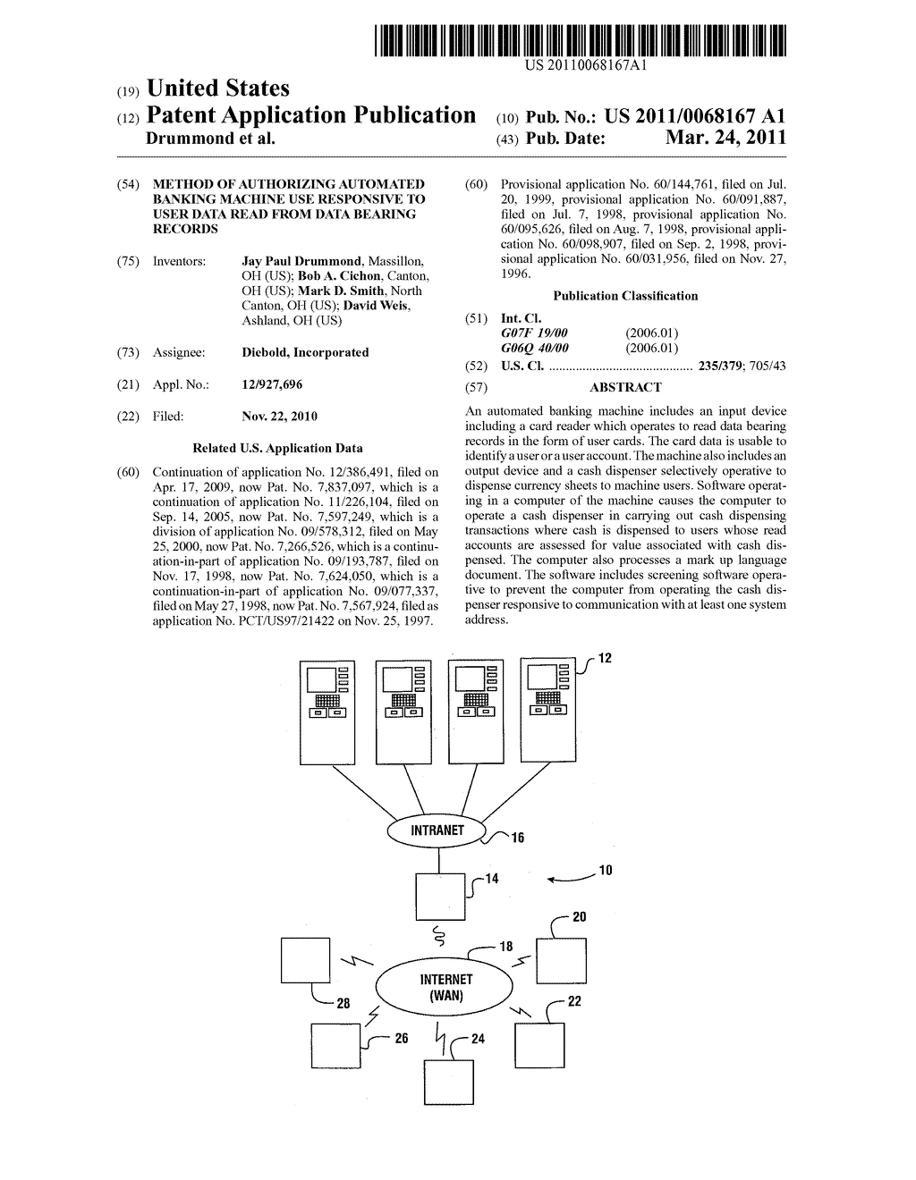 Method of authorizing automated banking machine use responsive to user data read from data bearing records - diagram, schematic, and image 01