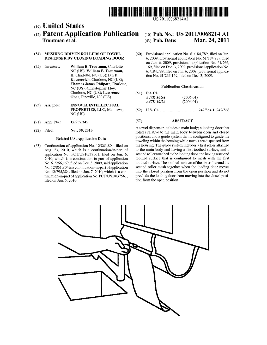 MESHING DRIVEN ROLLERS OF TOWEL DISPENSER BY CLOSING LOADING DOOR - diagram, schematic, and image 01