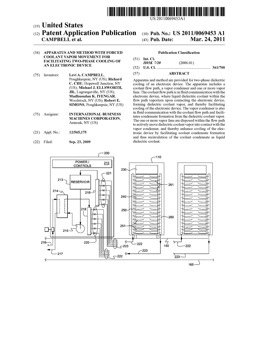 APPARATUS AND METHOD WITH FORCED COOLANT VAPOR MOVEMENT FOR FACILITATING TWO-PHASE COOLING OF AN ELECTRONIC DEVICE - diagram, schematic, and image 01