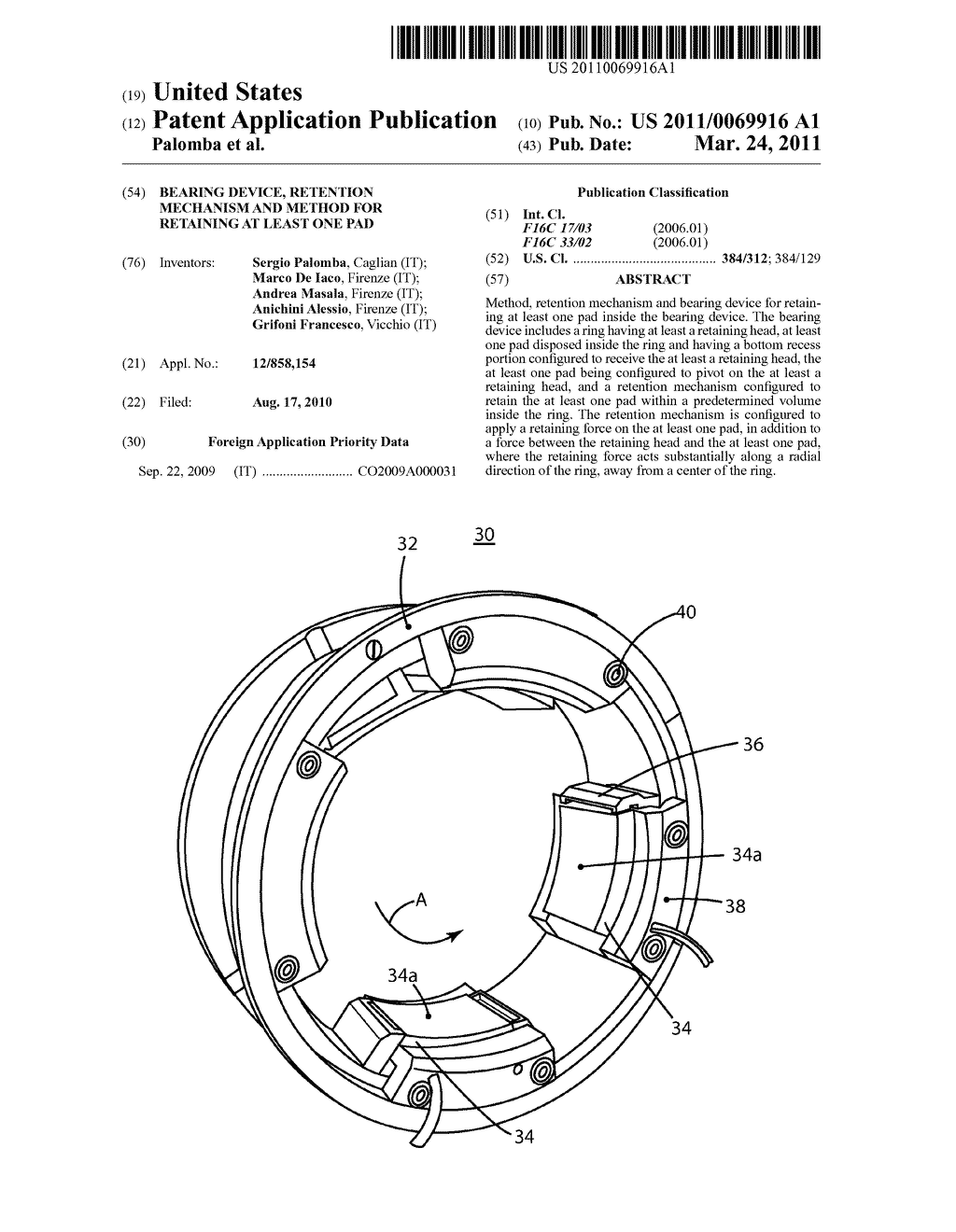 BEARING DEVICE, RETENTION MECHANISM AND METHOD FOR RETAINING AT LEAST ONE PAD - diagram, schematic, and image 01