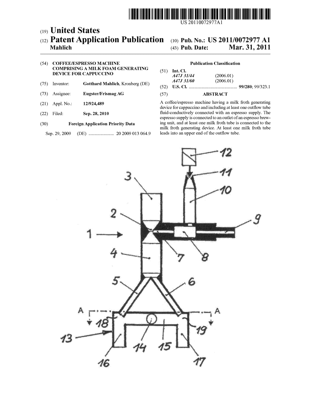 Coffee/espresso machine comprising a milk foam generating device for cappuccino - diagram, schematic, and image 01