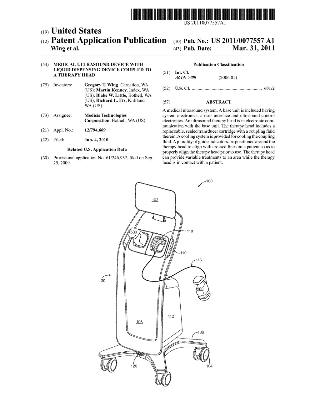 MEDICAL ULTRASOUND DEVICE WITH LIQUID DISPENSING DEVICE COUPLED TO A THERAPY HEAD - diagram, schematic, and image 01