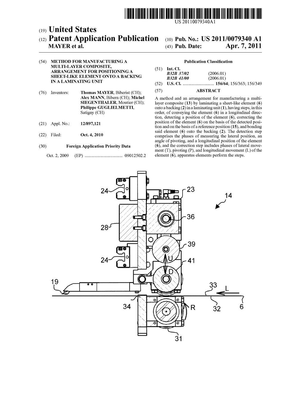 METHOD FOR MANUFACTURING A MULTI-LAYER COMPOSITE, ARRANGEMENT FOR POSITIONING A SHEET-LIKE ELEMENT ONTO A BACKING IN A LAMINATING UNIT - diagram, schematic, and image 01