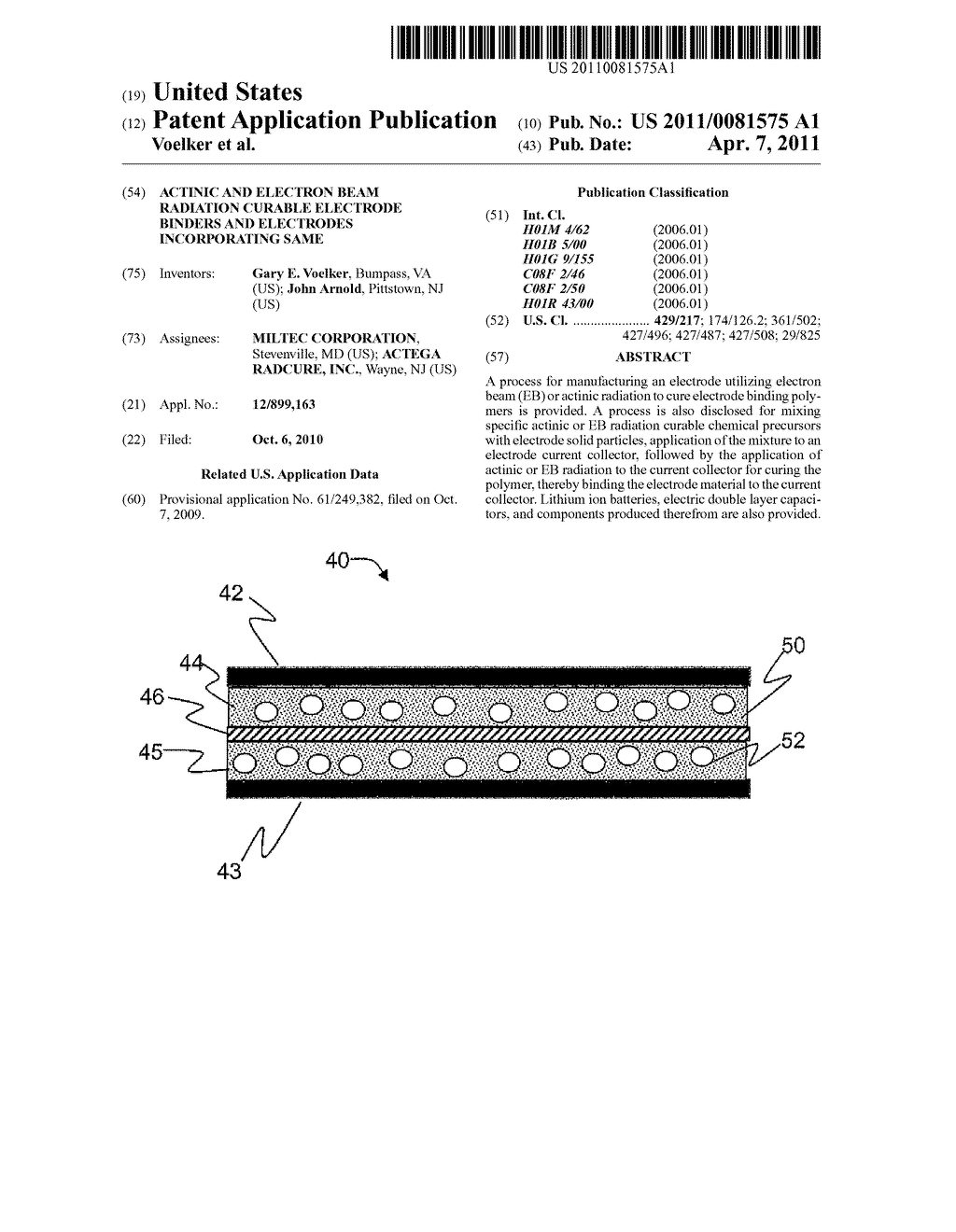 ACTINIC AND ELECTRON BEAM RADIATION CURABLE ELECTRODE BINDERS AND ELECTRODES INCORPORATING SAME - diagram, schematic, and image 01