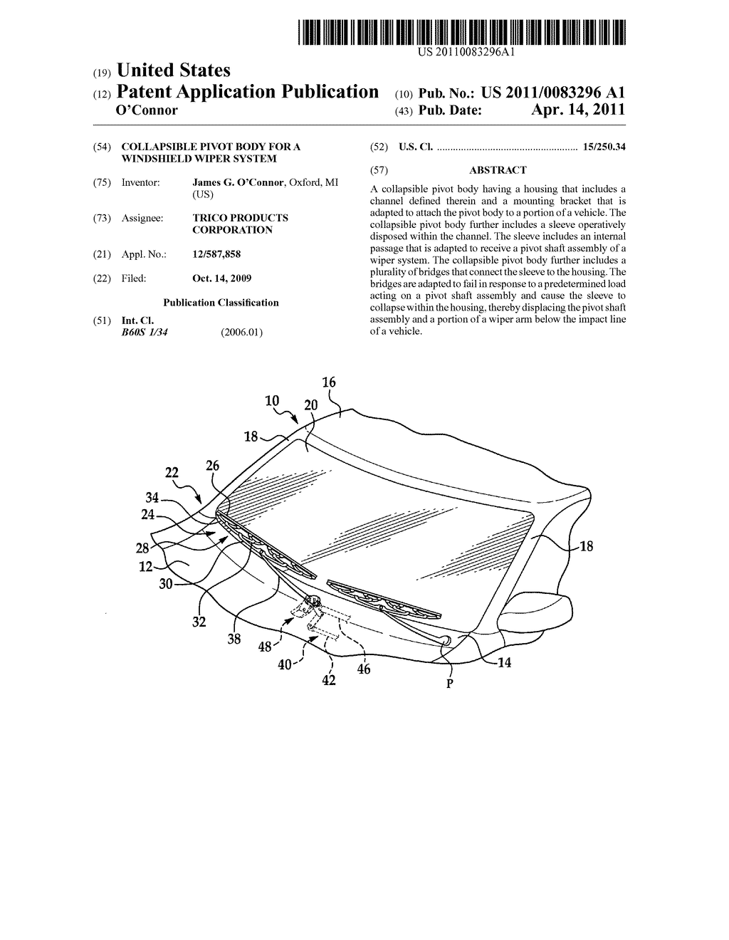 Collapsible pivot body for a windshield wiper system - diagram, schematic, and image 01