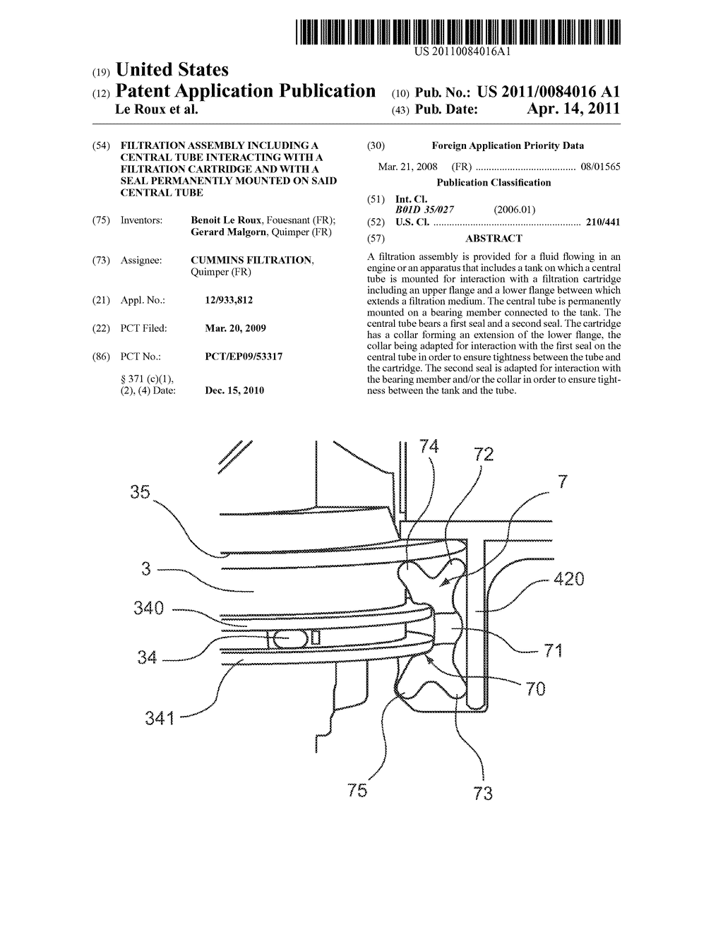 FILTRATION ASSEMBLY INCLUDING A CENTRAL TUBE INTERACTING WITH A FILTRATION CARTRIDGE AND WITH A SEAL PERMANENTLY MOUNTED ON SAID CENTRAL TUBE - diagram, schematic, and image 01