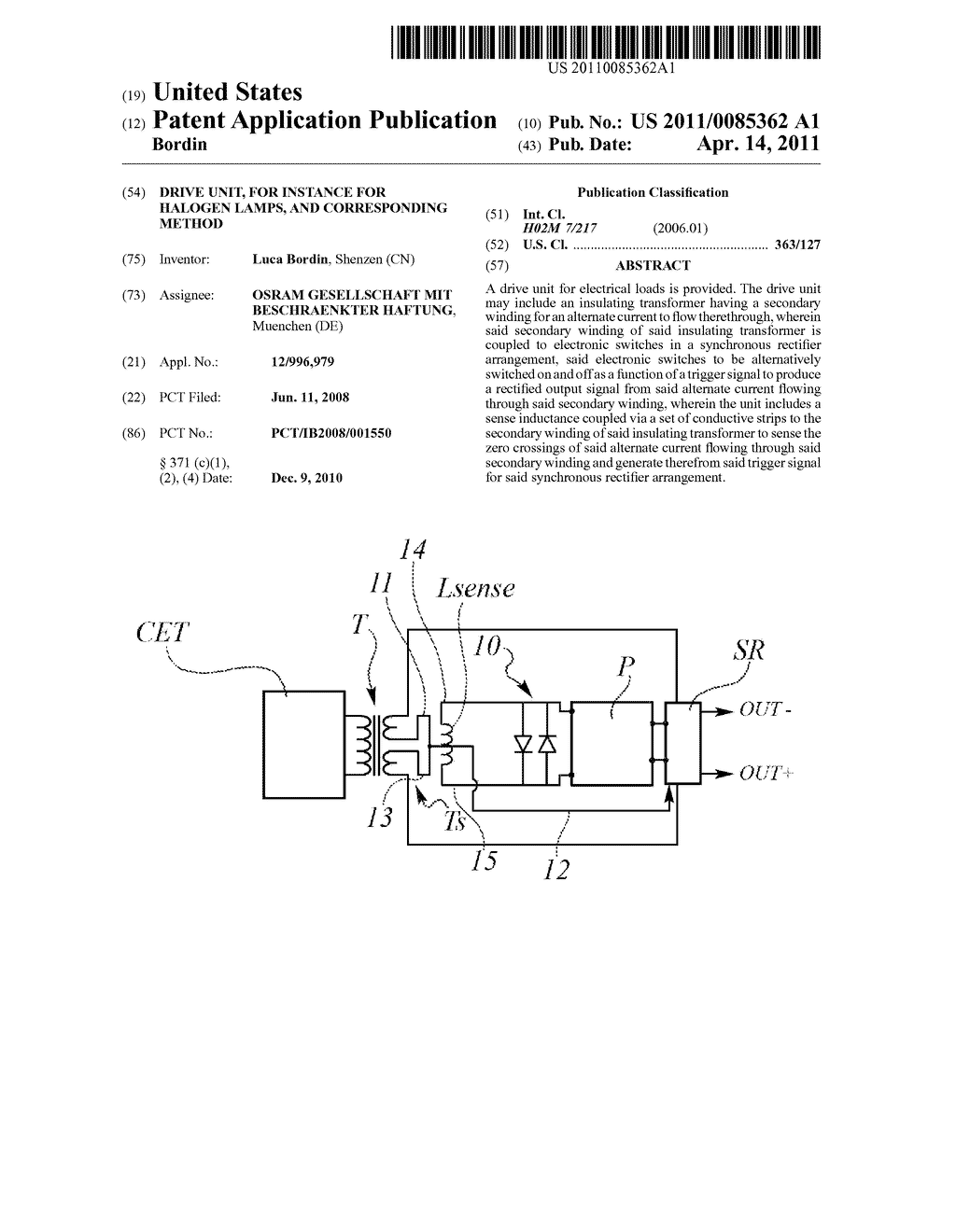 DRIVE UNIT, FOR INSTANCE FOR HALOGEN LAMPS, AND CORRESPONDING METHOD - diagram, schematic, and image 01