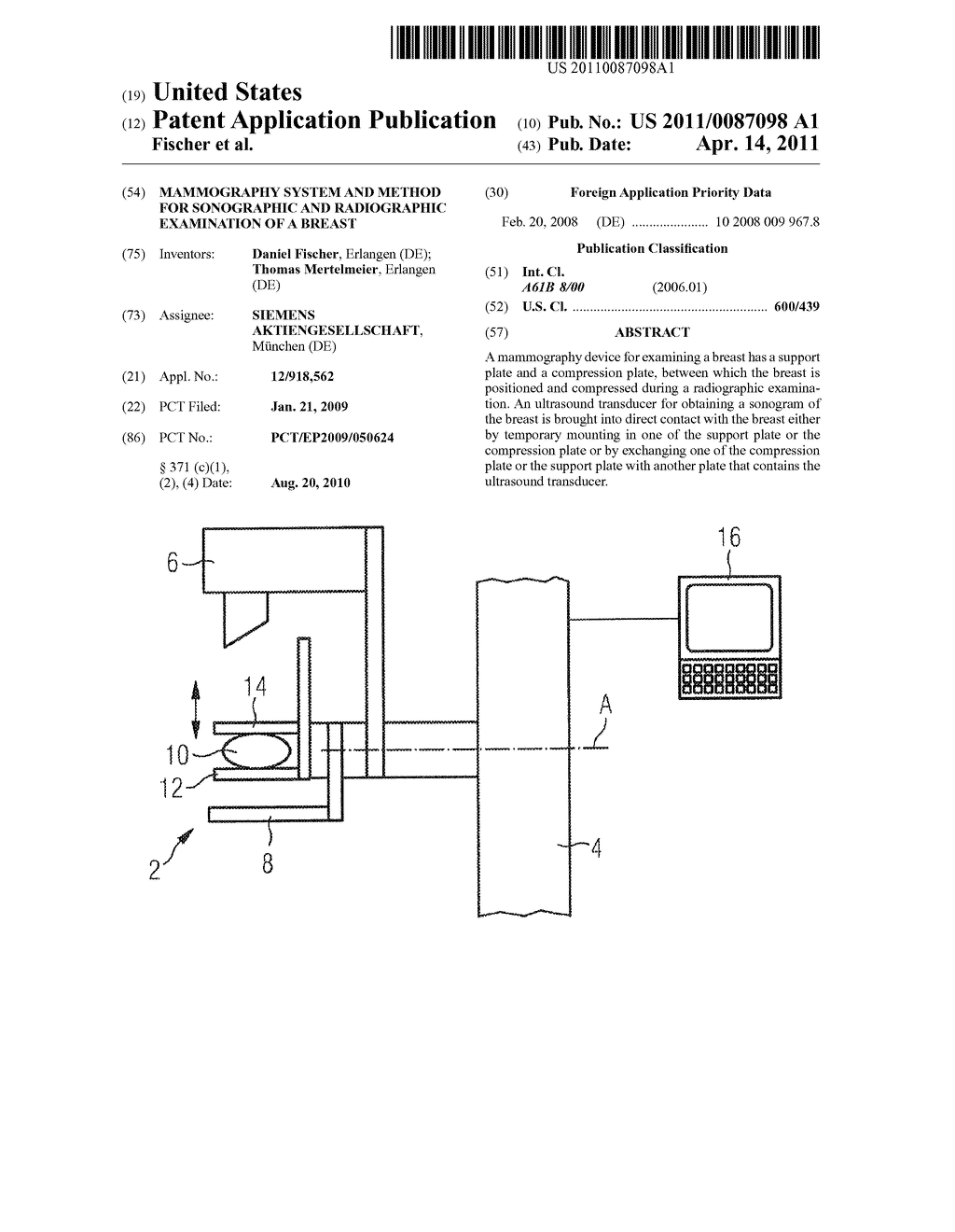 MAMMOGRAPHY SYSTEM AND METHOD FOR SONOGRAPHIC AND RADIOGRAPHIC EXAMINATION OF A BREAST - diagram, schematic, and image 01