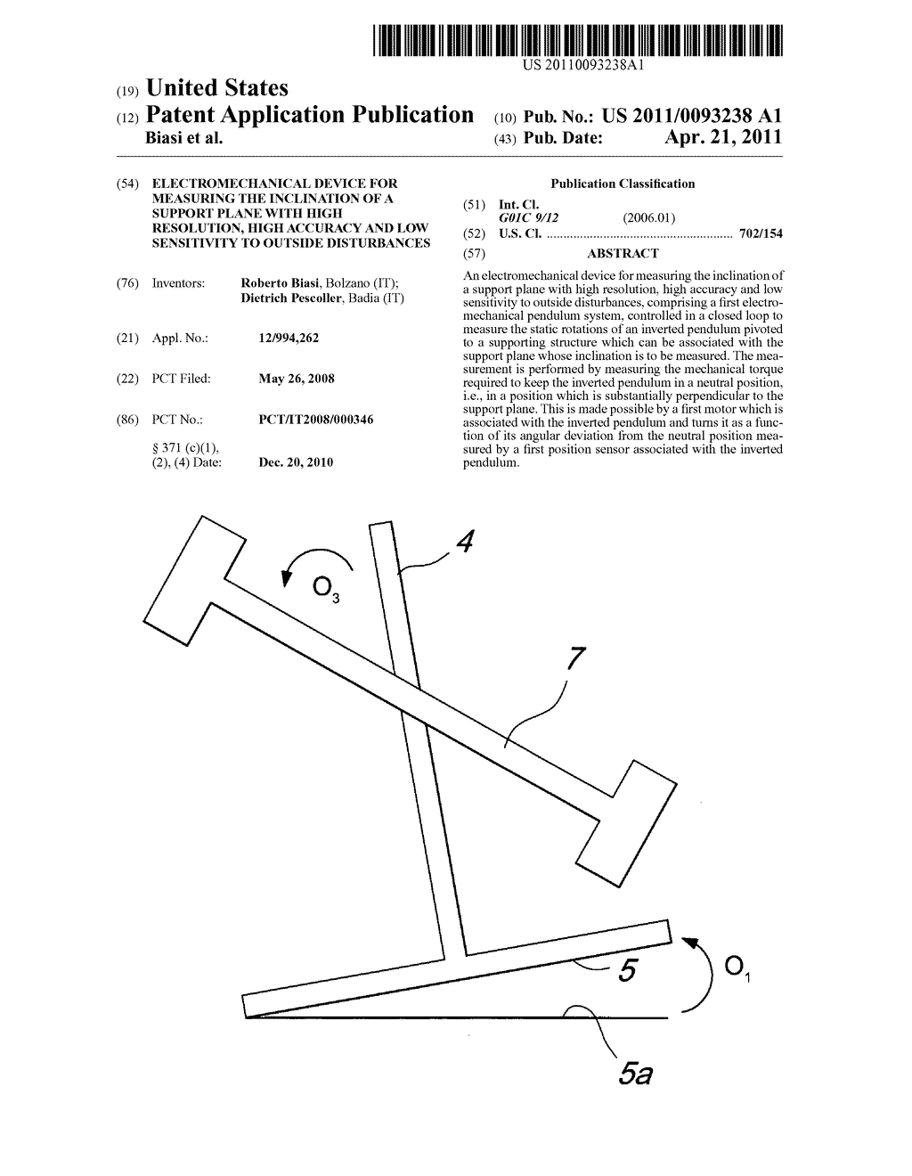 ELECTROMECHANICAL DEVICE FOR MEASURING THE INCLINATION OF A SUPPORT PLANE WITH HIGH RESOLUTION, HIGH ACCURACY AND LOW SENSITIVITY TO OUTSIDE DISTURBANCES - diagram, schematic, and image 01