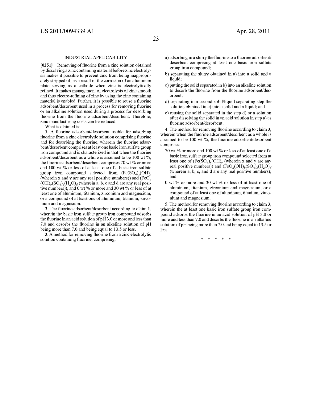 FLUORINE ADSORBENT/DESORBENT APPLICABLE IN ELECTROLYTIC SOLUTION FOR ZINC ELECTRO-REFINING AND METHOD FOR REMOVING FLUORINE USING THE FLUORINE ADSORBENT/DESORBENT - diagram, schematic, and image 27