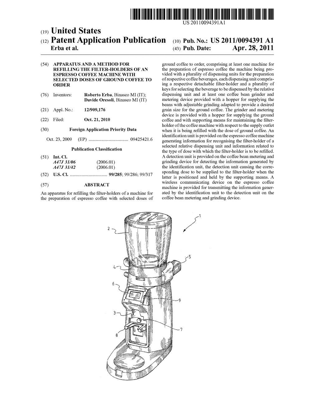 APPARATUS AND A METHOD FOR REFILLING THE FILTER-HOLDERS OF AN ESPRESSO COFFEE MACHINE WITH SELECTED DOSES OF GROUND COFFEE TO ORDER - diagram, schematic, and image 01