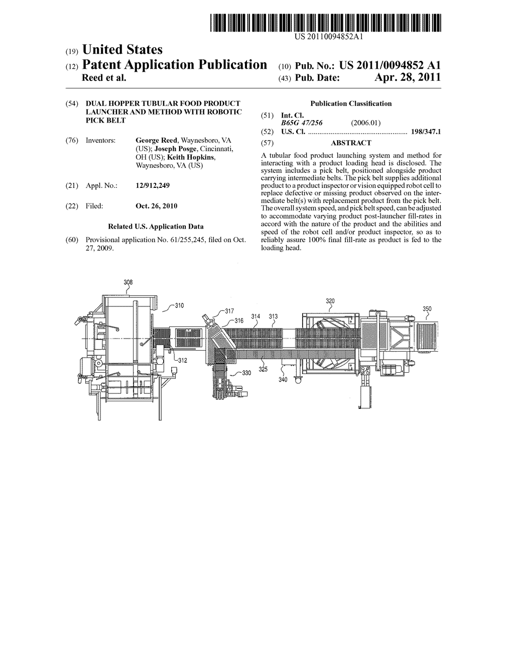 DUAL HOPPER TUBULAR FOOD PRODUCT LAUNCHER AND METHOD WITH ROBOTIC PICK BELT - diagram, schematic, and image 01