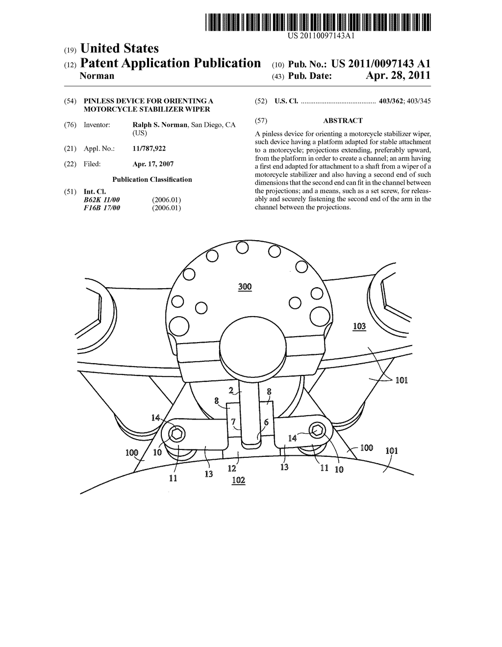 Pinless device for orienting a motorcycle stabilizer wiper - diagram, schematic, and image 01