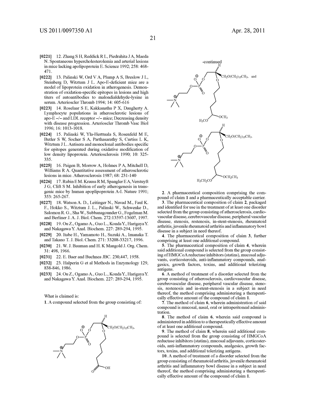 METHODS EMPLOYING AND COMPOSITIONS CONTAINING DEFINED OXIDIZED PHOSPHOLIPIDS FOR PREVENTION AND TREATMENT OF ATHEROSCLEROSIS - diagram, schematic, and image 31