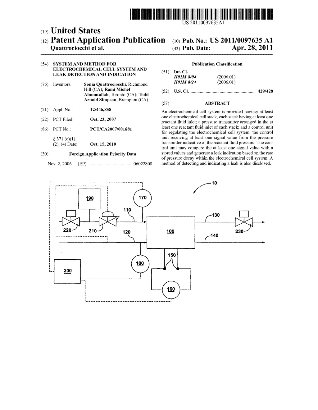 SYSTEM AND METHOD FOR ELECTROCHEMICAL CELL SYSTEM AND LEAK DETECTION AND INDICATION - diagram, schematic, and image 01