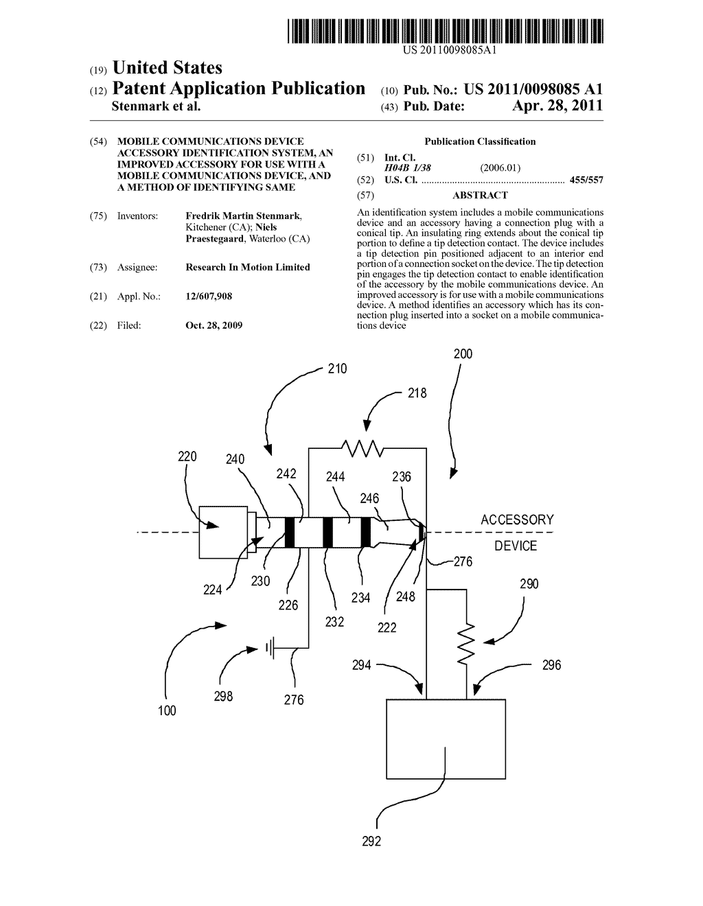 MOBILE COMMUNICATIONS DEVICE ACCESSORY IDENTIFICATION SYSTEM, AN IMPROVED ACCESSORY FOR USE WITH A MOBILE COMMUNICATIONS DEVICE, AND A METHOD OF IDENTIFYING SAME - diagram, schematic, and image 01