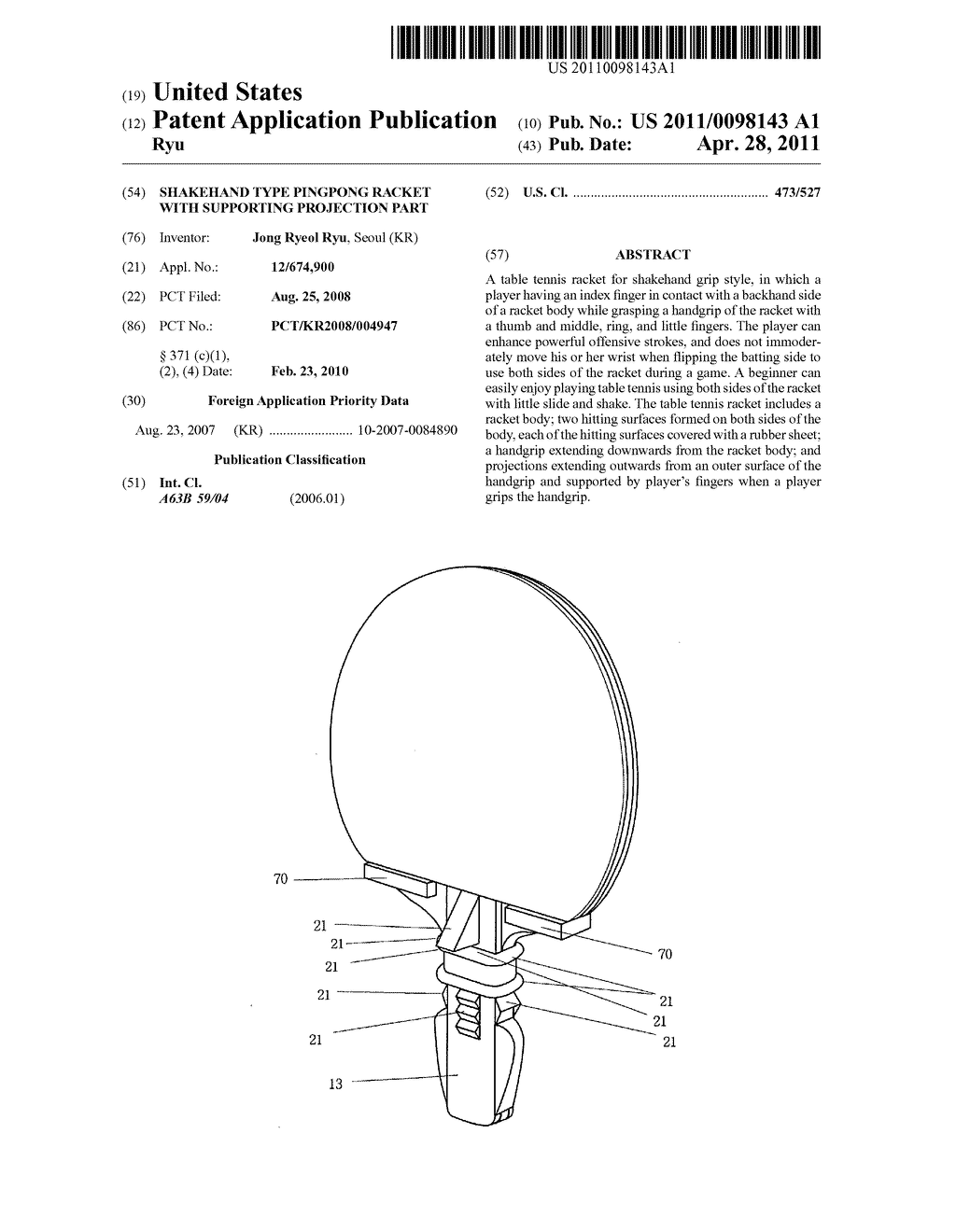 SHAKEHAND TYPE PINGPONG RACKET WITH SUPPORTING PROJECTION PART - diagram, schematic, and image 01