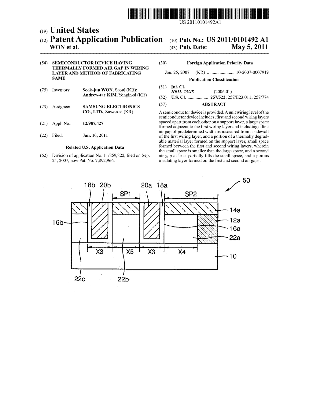 SEMICONDUCTOR DEVICE HAVING THERMALLY FORMED AIR GAP IN WIRING LAYER AND METHOD OF FABRICATING SAME - diagram, schematic, and image 01