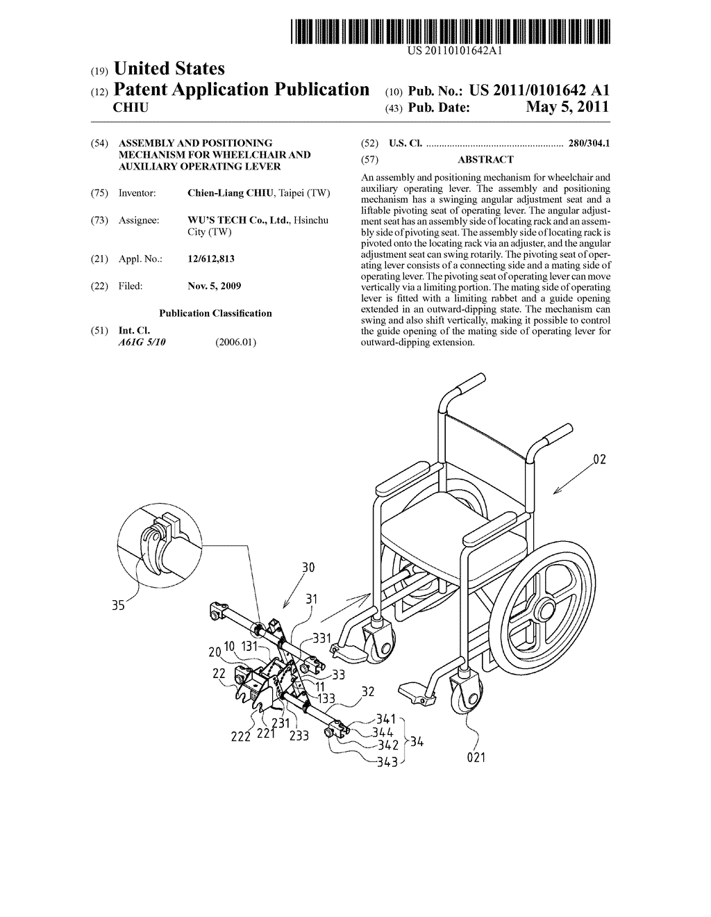 ASSEMBLY AND POSITIONING MECHANISM FOR WHEELCHAIR AND AUXILIARY OPERATING LEVER - diagram, schematic, and image 01