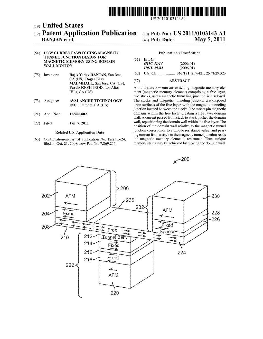 LOW CURRENT SWITCHING MAGNETIC TUNNEL JUNCTION DESIGN FOR MAGNETIC MEMORY USING DOMAIN WALL MOTION - diagram, schematic, and image 01