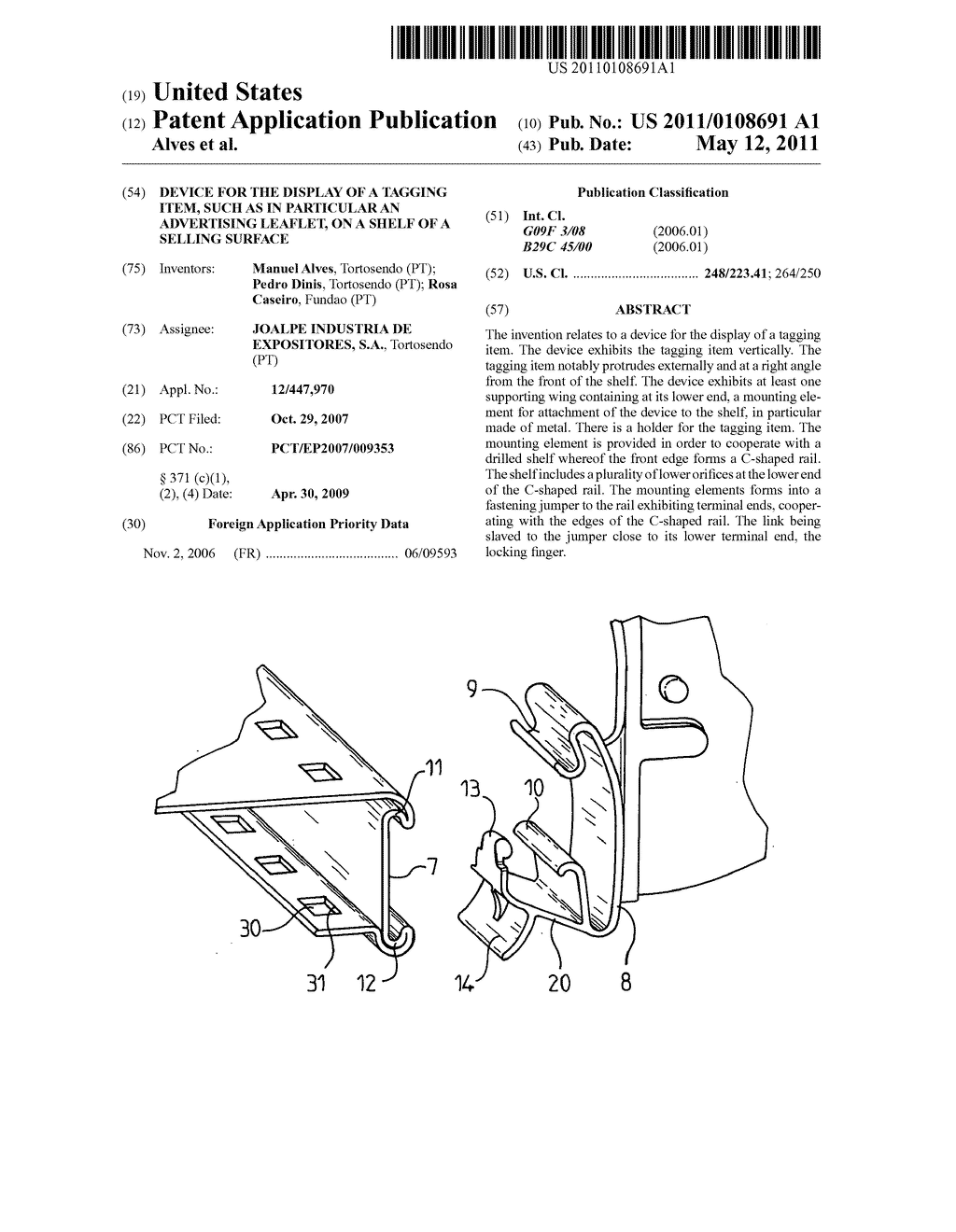 DEVICE FOR THE DISPLAY OF A TAGGING ITEM, SUCH AS IN PARTICULAR AN ADVERTISING LEAFLET, ON A SHELF OF A SELLING SURFACE - diagram, schematic, and image 01