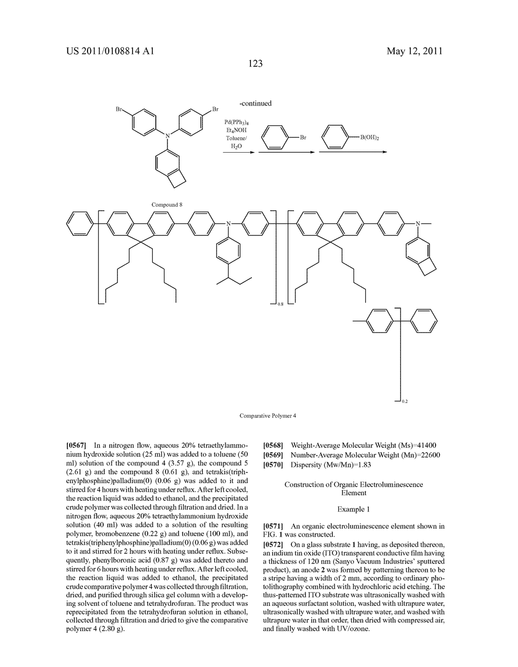 POLYMER COMPOUND, NET-LIKE POLYMER COMPOUND PRODUCED BY CROSSLINKING THE POLYMER COMPOUND, COMPOSITION FOR ORGANIC ELECTROLUMINESCENCE ELEMENT, ORGANIC ELECTROLUMINESCENCE ELEMENT, ORGANIC EL DISPLAY, AND ORGANIC EL LIGHTING - diagram, schematic, and image 125