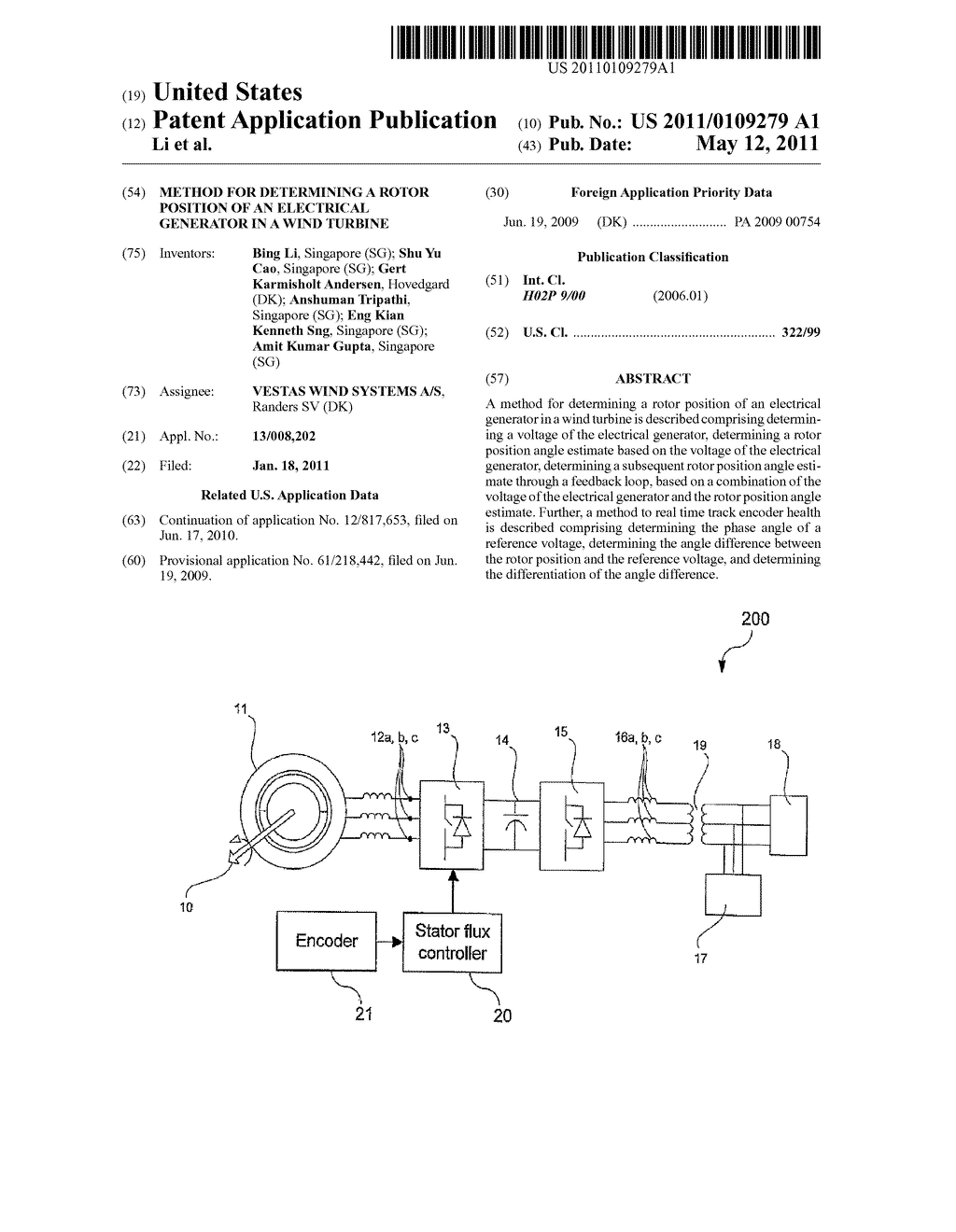 METHOD FOR DETERMINING A ROTOR POSITION OF AN ELECTRICAL GENERATOR IN A WIND TURBINE - diagram, schematic, and image 01