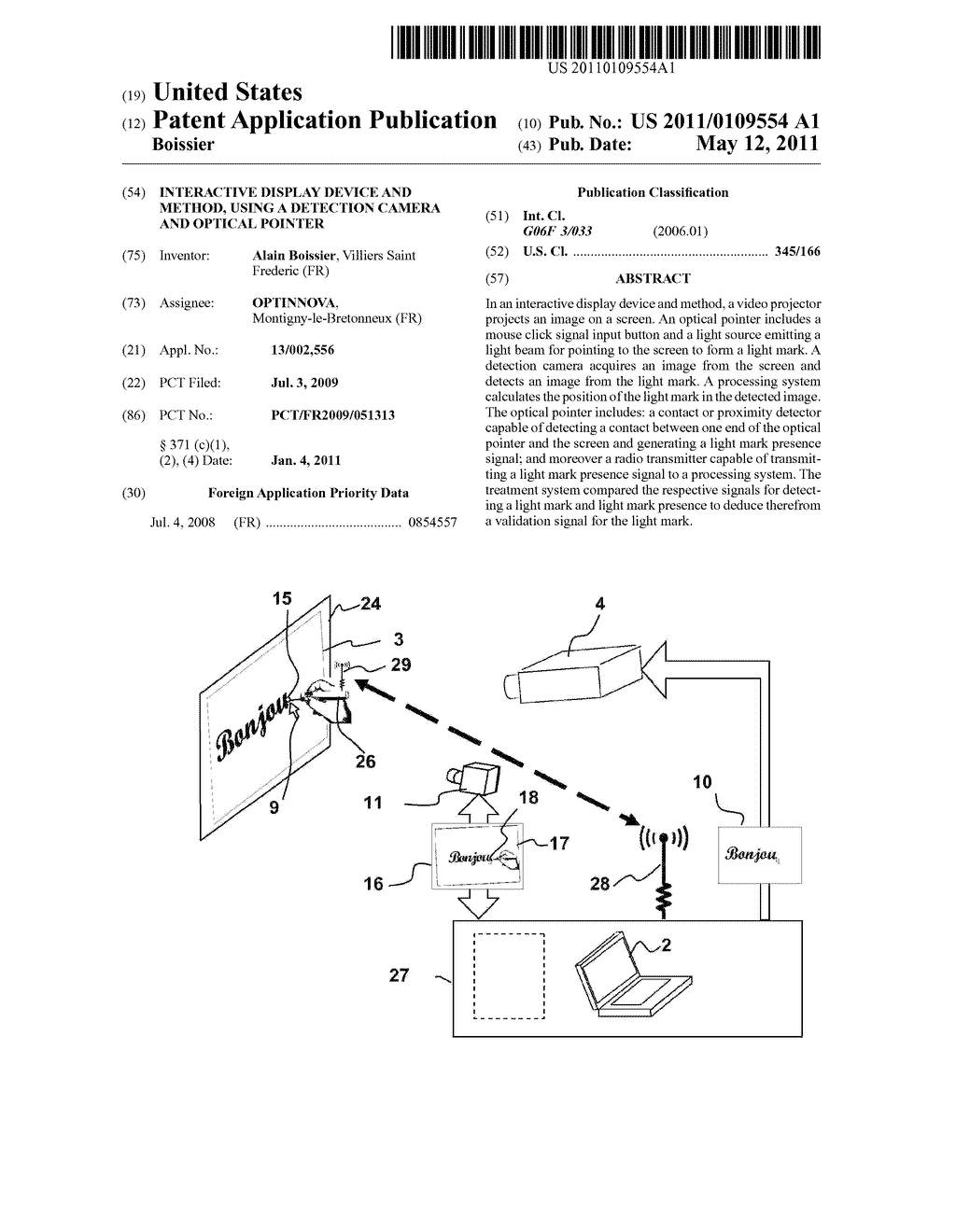 INTERACTIVE DISPLAY DEVICE AND METHOD, USING A DETECTION CAMERA AND OPTICAL POINTER - diagram, schematic, and image 01